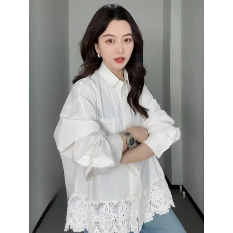 设计感蕾丝拼接下摆白色衬衫女早春新品时尚减龄叠穿衬衣内搭上衣