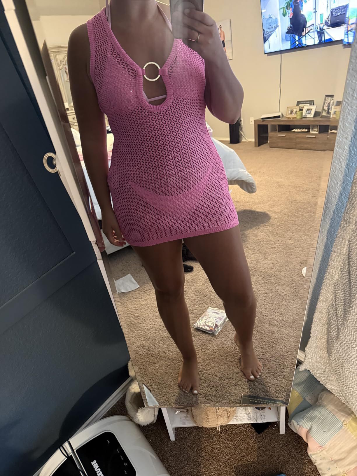 Women's Deep V Neck Beach Cover Up Dress European And American Style Vacation Casual Hollow Out Vest Dress Sexy Summer Swimwear_ecoleips.com