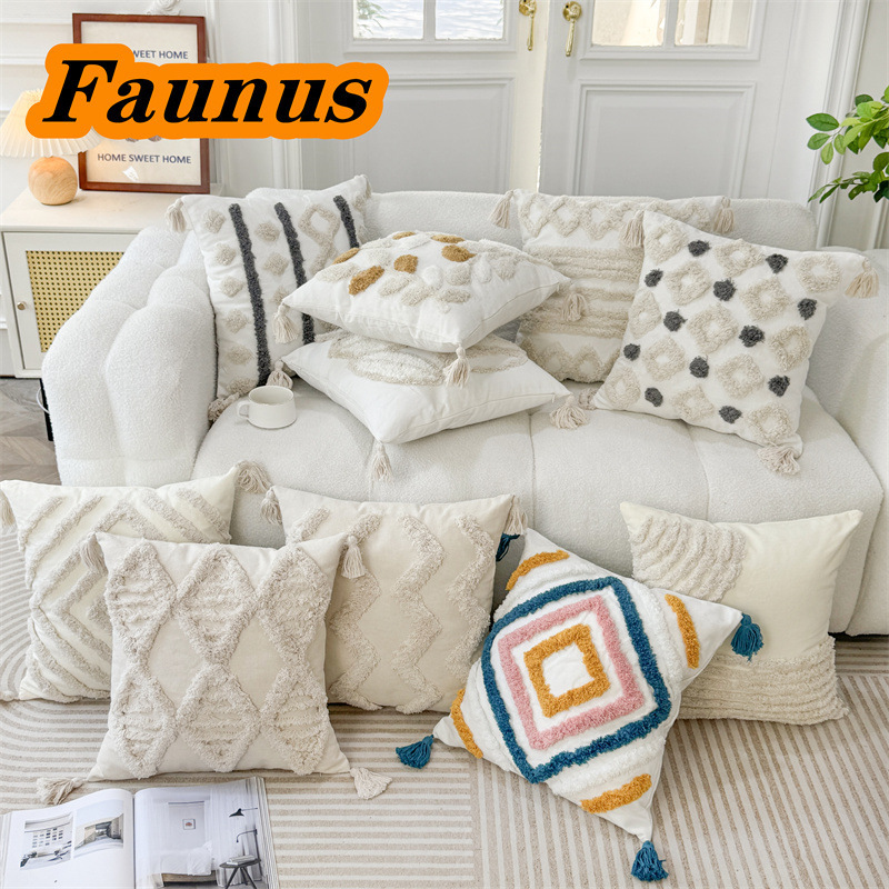 Cross-border Simple Ins Bohemian Tufted Velvet Canvas Embroidered Living Room Pillow Sofa Pillow Cushion Cushion
