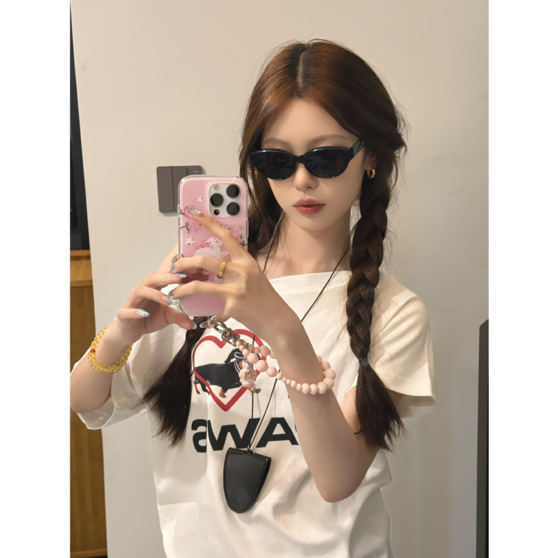 Sweet Hot Girl 斜め肩ワンラインカラー半袖 T シャツ女性用夏の愛の子犬プリントデザインルーズ痩身トップ|undefined
