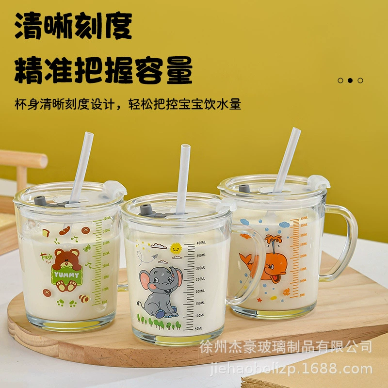 Мультяшная шкала стакан для молока сетка красная стеклянная чашка для воды для детей чашка с ручкой чашка для завтрака с крышкой однослойная чашка