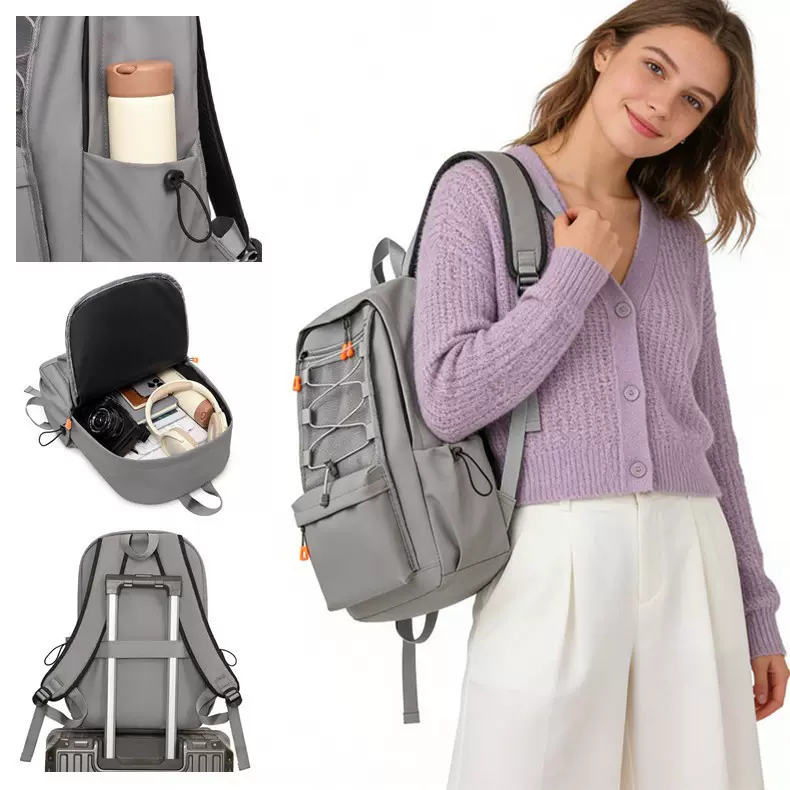 防水加固大容量笔记本电脑背包多分隔层锁扣设计PU双肩背包