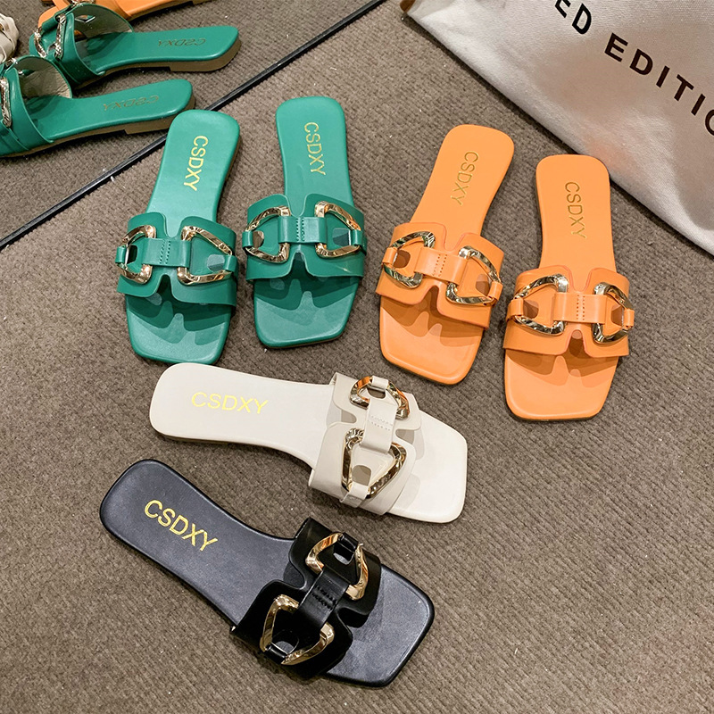Summer home ins fashion temperament Korean version of flip flops wear square head flat bottom sandals and slippers 42_voghion.com