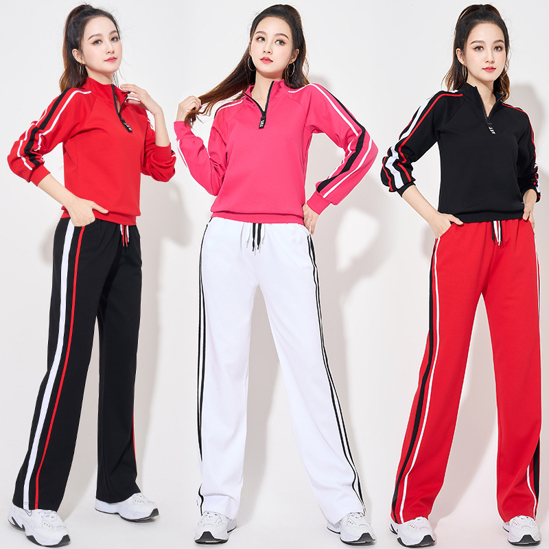 Square dance clothing 2023 new half zipper double stripe suit sports dance performance aerobics group uniform for women