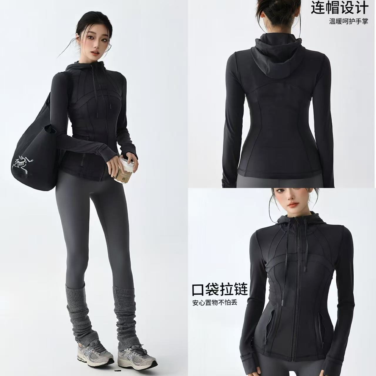 Jiangyu Hooded Sports Jacket Women's Running Fitness Clothing Outdoor Casual Top Breathable Elastic Yoga Training Long Sleeves
