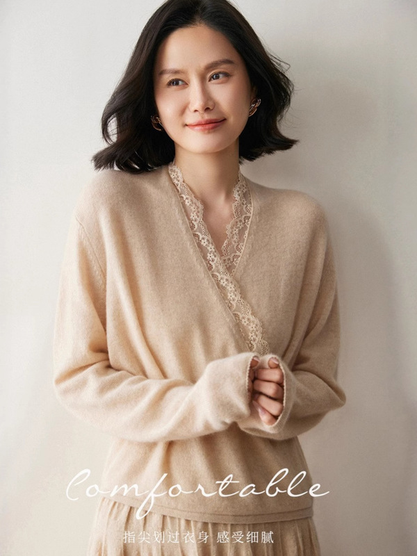 New V Neck Gentle Cross Cashmere Sweater Women's Thin Pullover Sweater Lace Long-Sleeved Autumn and Winter French Fashion