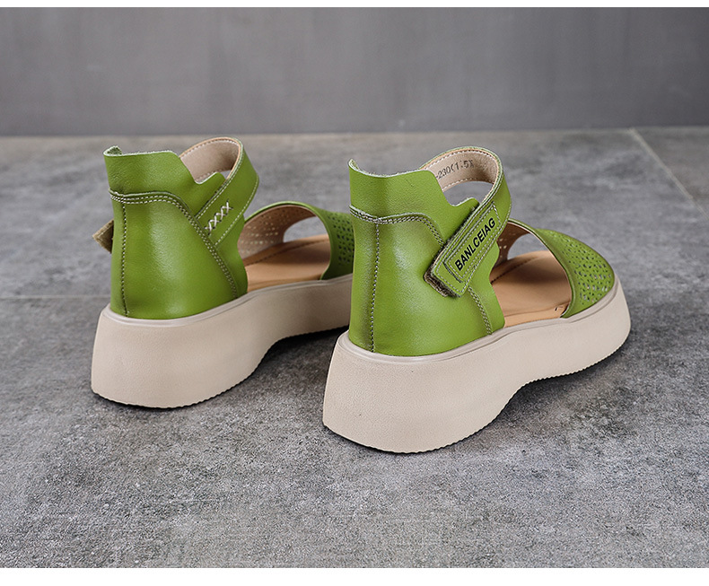 Dép sandal nữ quai chữ V da bò thật, đế mềm Velcro — màu xanh lá cây chi tiết 15