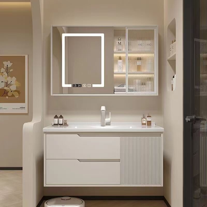 Cream-style bathroom cabinet with integrated washbasin and ceramic basin Cream-style bathroom cabinet with integrated washbasin and ceramic basin