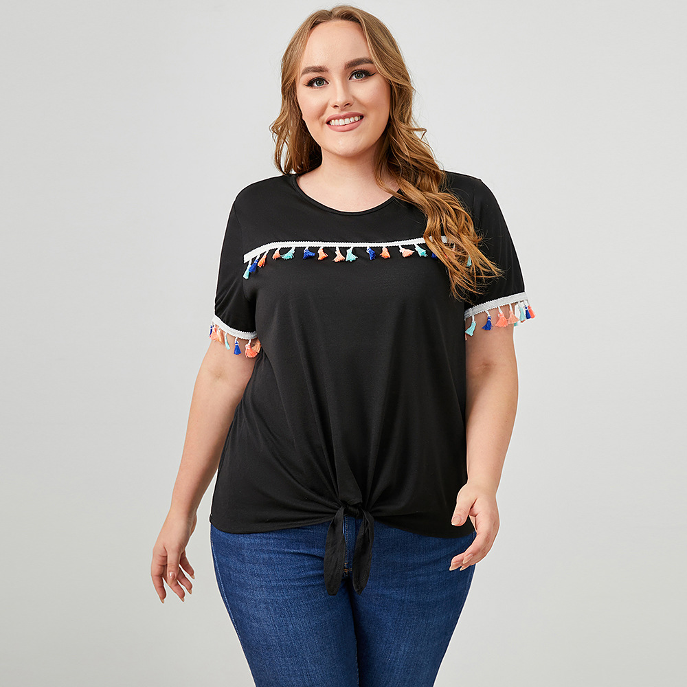 Plus Size Round Neck Short Sleeve Solid Color Lace-Up Tassel T-Shirt NSWCJ112804