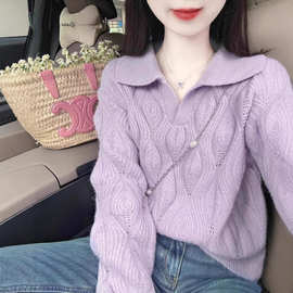 小香风翻领镂空毛衣女2025秋季新款多巴胺穿搭宽松显瘦套头针织衫