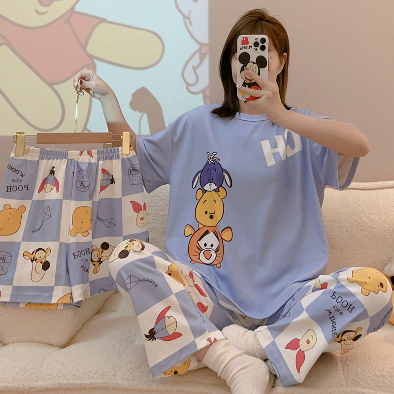 Venta caliente transfronteriza pijamas mujeres verano dibujos animados cuello redondo manga corta pantalones de manga corta traje de tres piezas gran descuento