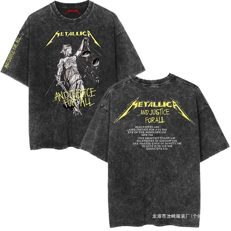 240g Heavyweight Metallica Rock Band Print Vintage Washed American Retro Men's Loose Short-Sleeve T-Shirt