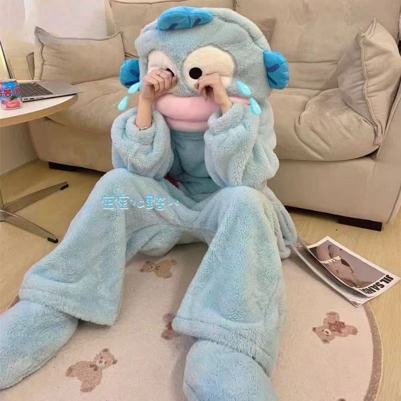 汉顿丑鱼连体睡衣女珊瑚绒加厚保暖鱼嘴睡衣冬季卡通搞怪情侣睡袍|undefined