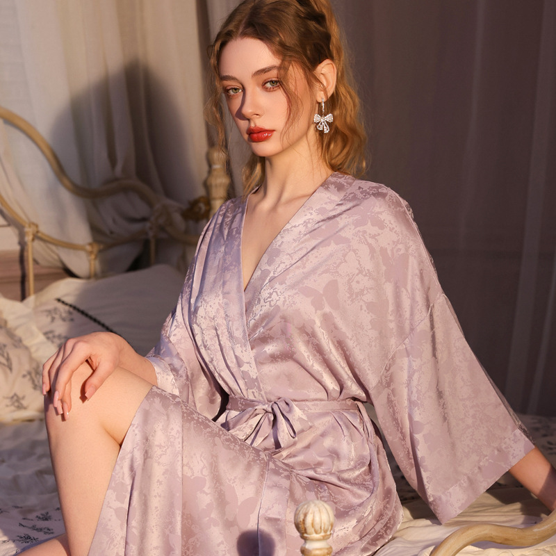 Nightgown for Women, Summer Ice Silk Thin Satin Jacquard Long Vintage Sexy High-End Spring and Autumn Bathrobe