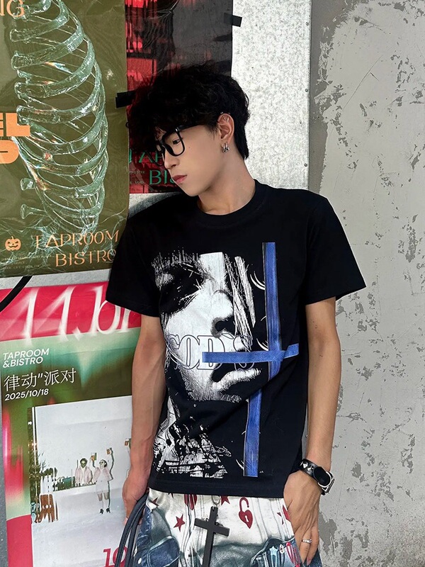 American retro trendy letter print design top for men, new summer black short-sleeve t-shirt polo shirt