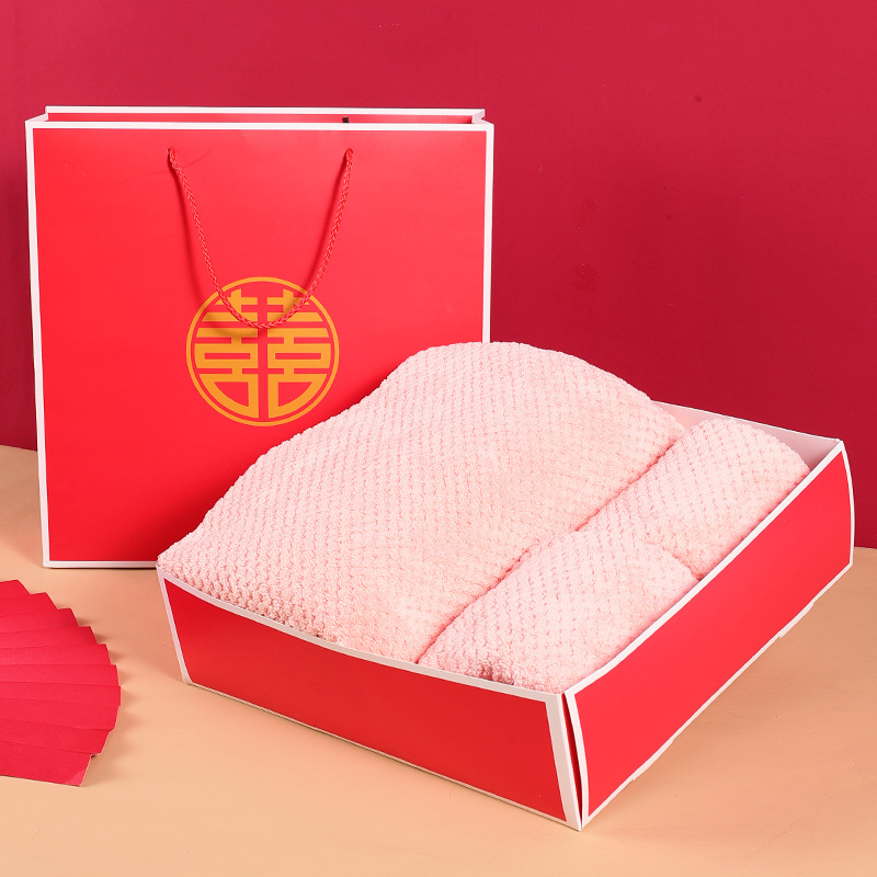 Boda boda Toalla de baño toalla caja de regalo piña Plaid rojo toalla festiva boda retorno regalo caja