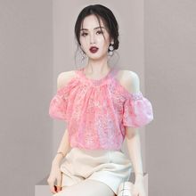 法式挂脖泡泡袖雪纺衬衫女夏设计感粉色露肩上衣别致漂亮洋气小衫