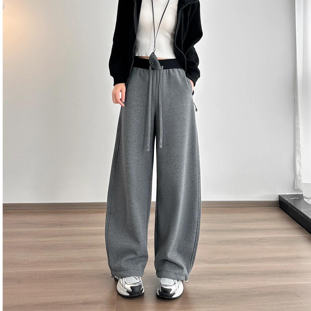 Dynamic Girl's High-end Color-block fleece-lined Sports Pants Drawstring Slimming Loose Machete Sweatpants Casual Wide-leg Pants for Women
