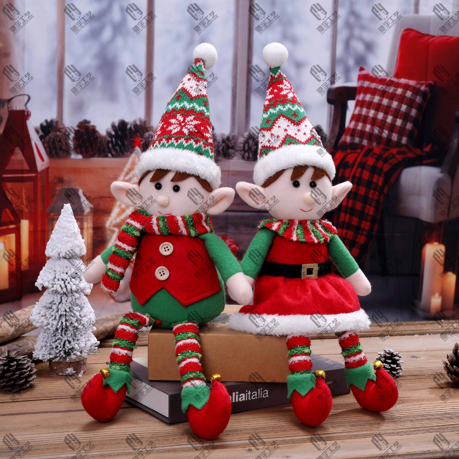 Navidad una variedad de tela roja y verde de piernas largas muñecas elfos retráctiles para hombres y mujeres muñecas elfos decoraciones de Navidad