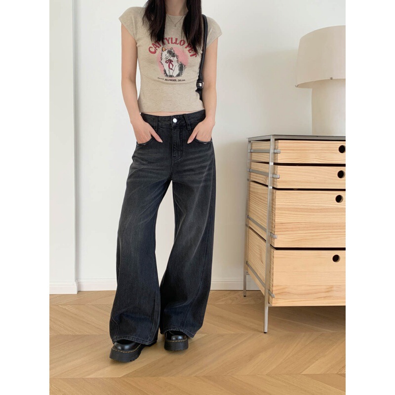 Gagd Charcoal Black Washed White 3D Pleated Wide-Leg Tencel Jeans for Women American Retro Loose Floor-Length Jeans
