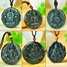 新疆和田玉黑青玉御龙观音吊坠山水观音圆形牌子莲花观音吊坠千手