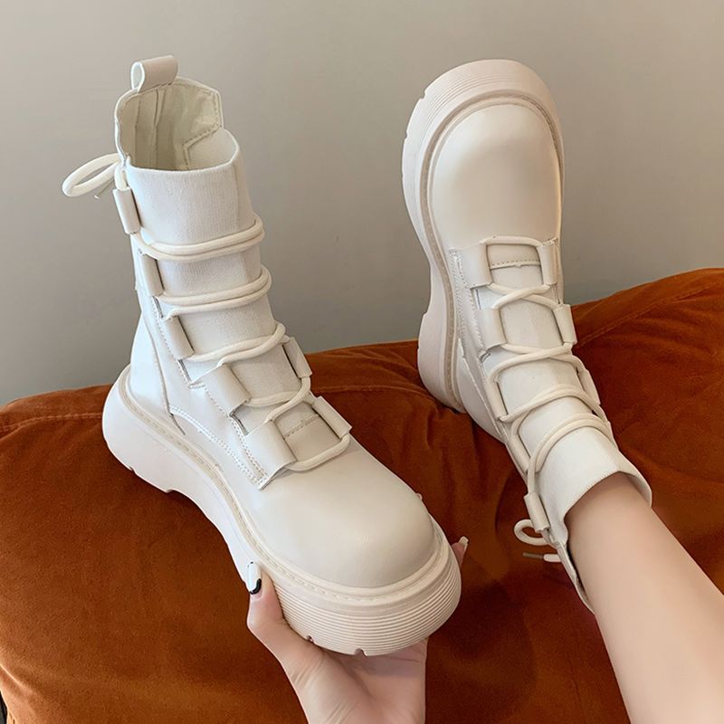 Martin boots women's single boots 2023 new style British style mid-calf thick-soled elastic knitted large-head strap slim boots WX-2_voghion.com
