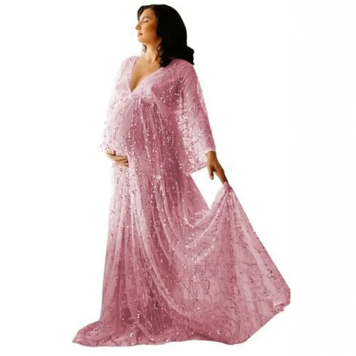 European and American style V-neck bat-sleeve sequin maternity photo shoot dress, long mesh skirt for pregnant mothers' studio photography European and American style V-neck bat-sleeve sequin maternity photo shoot dress, long mesh skirt for pregnant mothers' studio photography