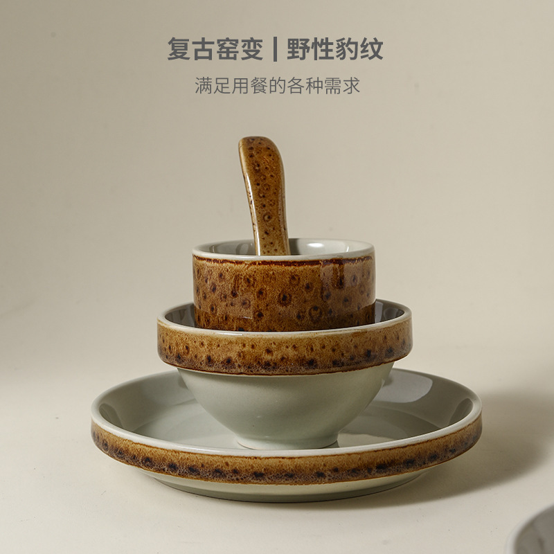 Four-piece set of vintage-style rustic ceramic tableware: bowls, spoons, water cups, bone dishes, suitable for hotels, commercial use, hot pot and barbecue restaurants Four-piece set of vintage-style rustic ceramic tableware: bowls, spoons, water cups, bone dishes, suitable for hotels, commercial use, hot pot and barbecue restaurants