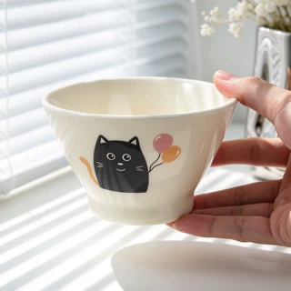 可爱猫咪陶瓷高脚碗家用奶油风餐具米饭碗面碗汤碗创意卡通斗笠碗