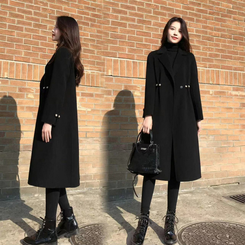 Hepburn Style Slim Fit Black Woolen Coat for Women, Elegant Waist-Cinching Long Quilted Wool Coat for Autumn and Winter