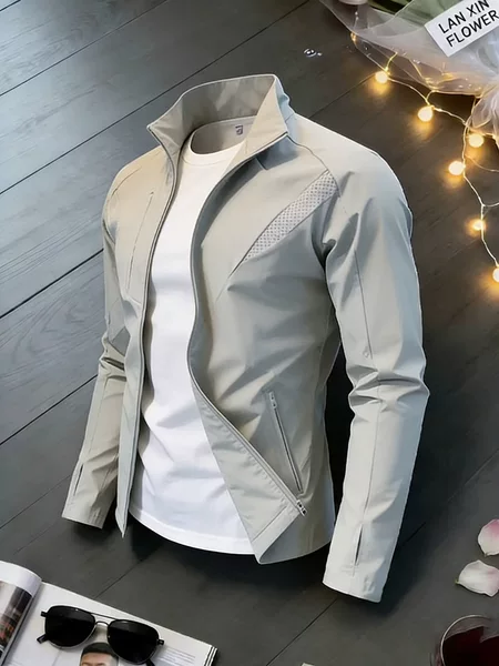 Gray Deconstructed Mesh Breathable Outdoor Sun Protection Clothing for Men and Women, Thin Ice Silk Skin Jacket with Stand Collar and Regular Shoulders, Motorcycle Style