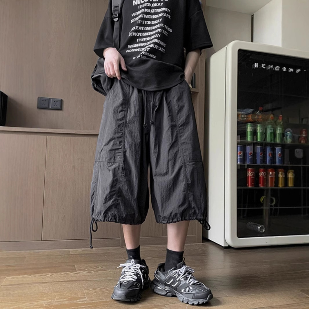 Yamamoto Style Dark Cropped Pants Men's Summer Ice Silk Quick-Drying Cargo Pants American Functional Wide-Leg Paratrooper Pants