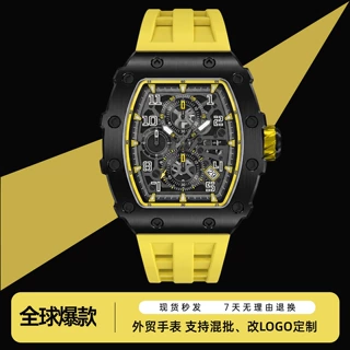 新款蓝宝石水晶玻璃镜面时尚石英手表男士酒桶形硅胶理查德手表