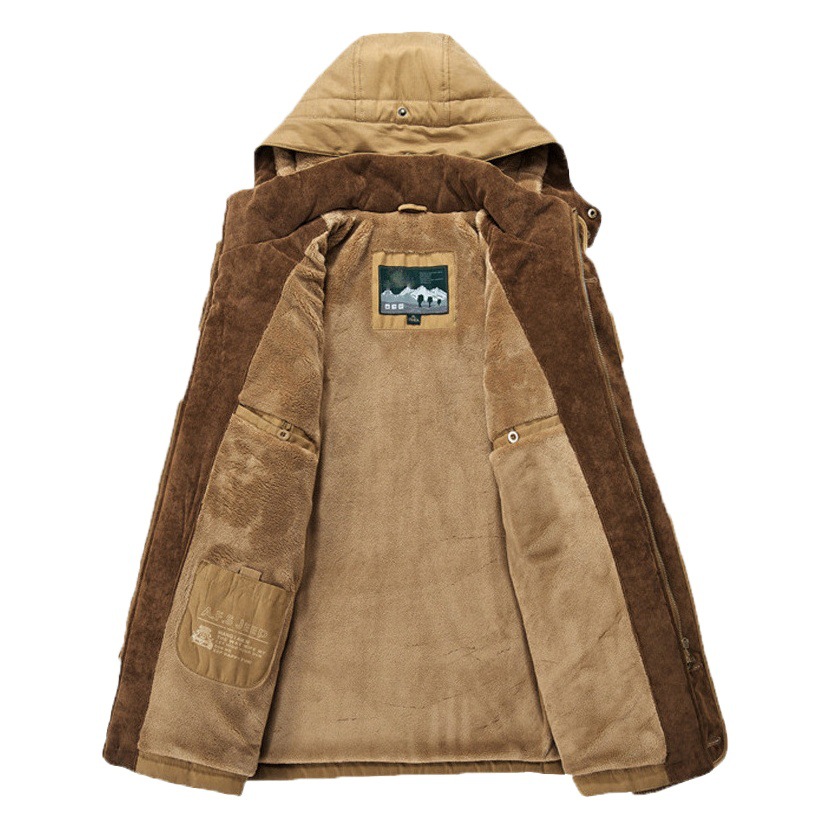 Winter 13029 Men's Cotton Coat Mid-length Fleece-lined Thickened Middle-aged and Elderly Cotton Coat Large Size Multi-pocket Cotton Coat for Elderly