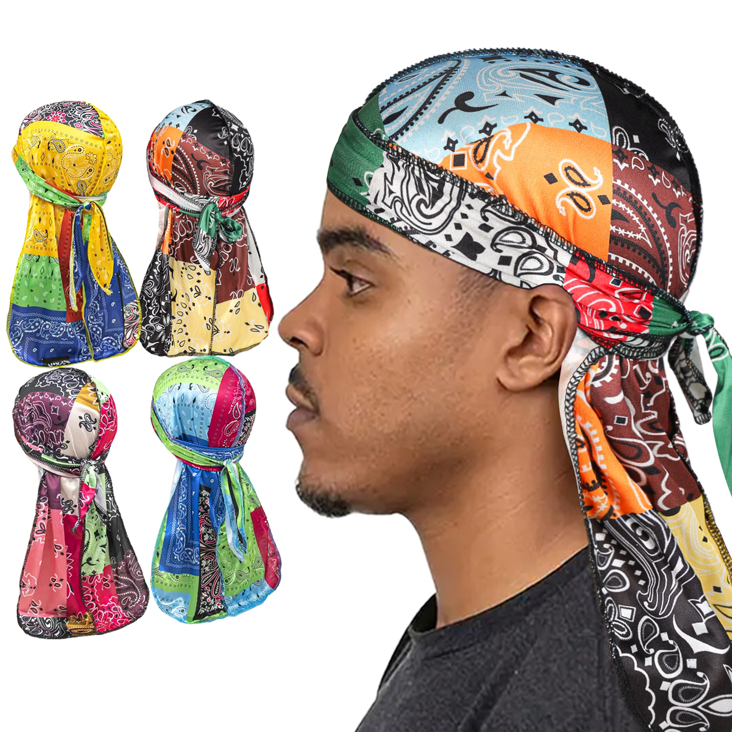 Amazon's Best-Selling Multi-Color Printed Pirate Hat Men's Fashion Durag Imitation Silk Hip-Hop Long Tail Turban Hat