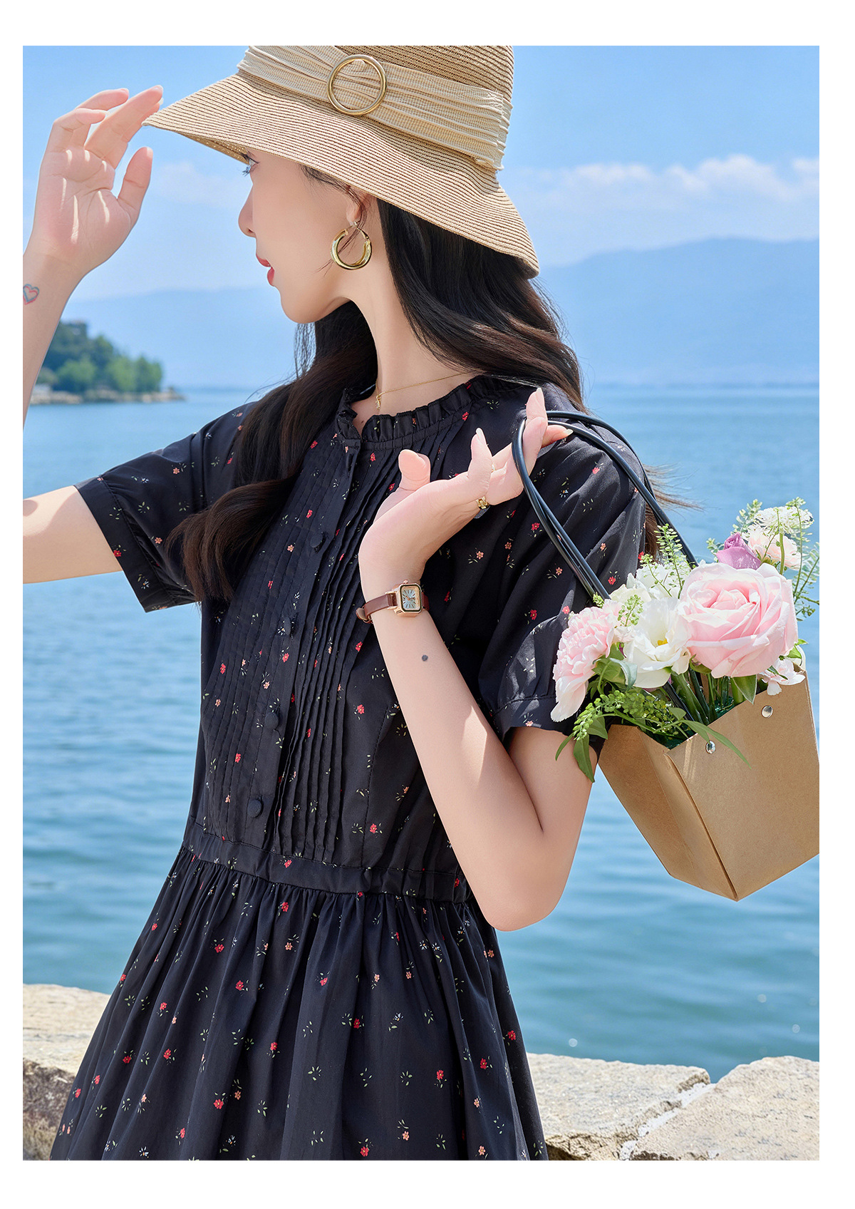 Đầm maxi nữ thắt eo in họa tiết hoa cổ điển tay ngắn — Xanh lông mòng đen chi tiết 14