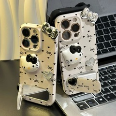 波点爱心kitty镜子支架适用苹果16手机壳华为oppo小米vivo防摔软