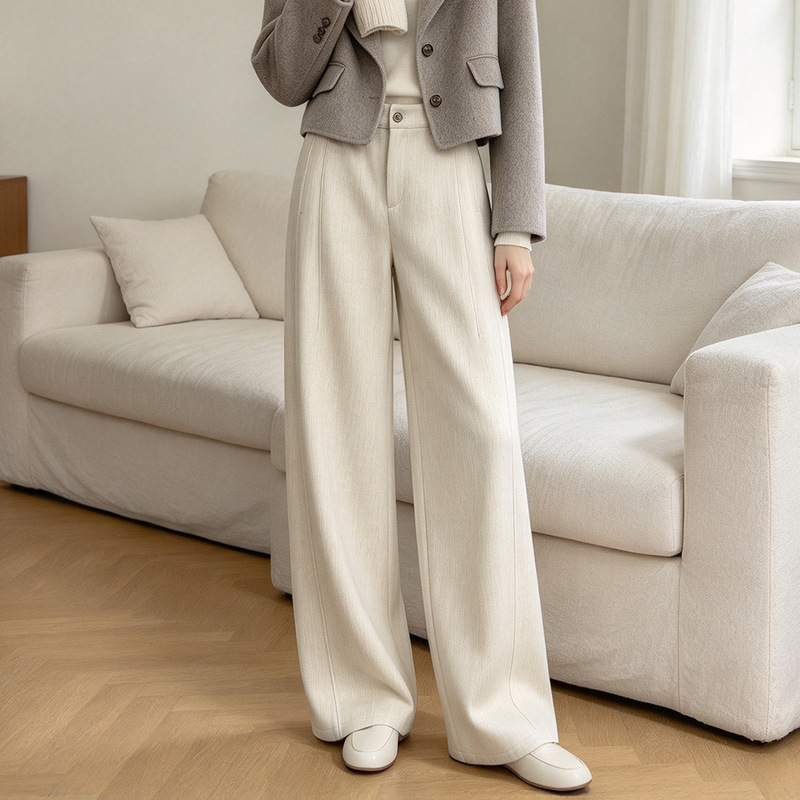 Wide-leg long pants for women, made from a wool and linen blend, with a structured fit that conceals flaws and creates a slimming effect, perfect for everyday casual wear Wide-leg long pants for women, made from a wool and linen blend, with a structured fit that conceals flaws and creates a slimming effect, perfect for everyday casual wear