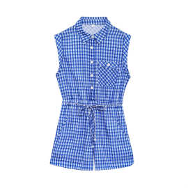 跨境外贸批发2025欧美女装新款百搭格纹简约无袖翻领系带连身短裤