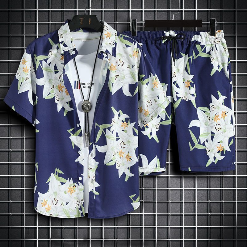 Hawaii Holiday Beach Clothes Men's Fashionable Casual suit Men's Short-sleeved Shirt Shorts Loose Handsome Shirt