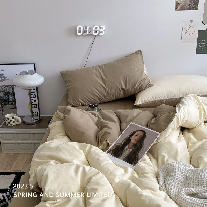 Casual Style Scandinavian Pure Color Four-Piece Spring and Summer Bedding Set Super Soft Naked Sleeping Bed Sheetss and Quilt Cover Student 3-Piece Set