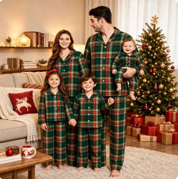 New cross-border European and American Christmas style casual fashion plaid lapel long-sleeve family parent-child pajama set 2634