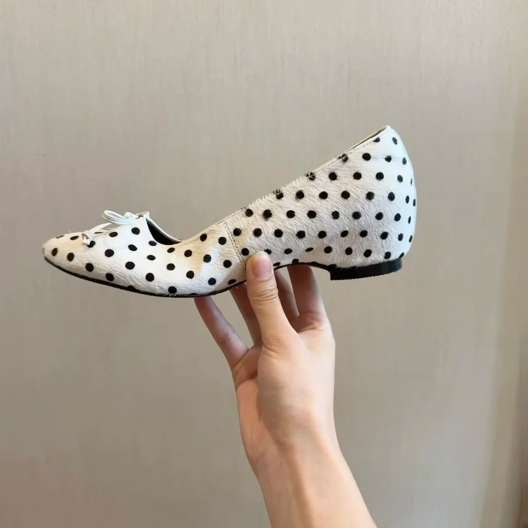 现货~羊皮版蝴蝶结波点内增高猫跟3cm2025爆款马毛浅口杏仁头百搭