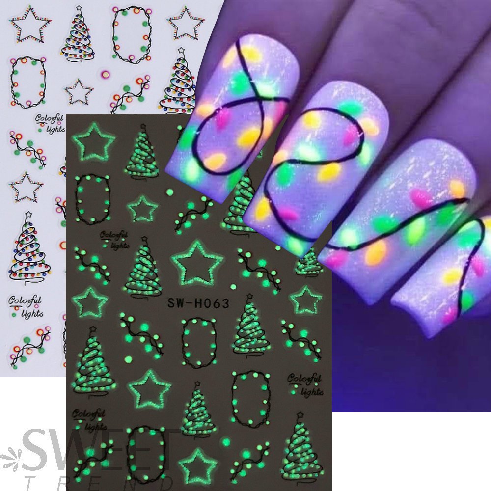 Ins Cross-Border Winter Christmas Nail Art Stickers 3D Christmas Tree Night Lights Stars Adhesive Nail Decals