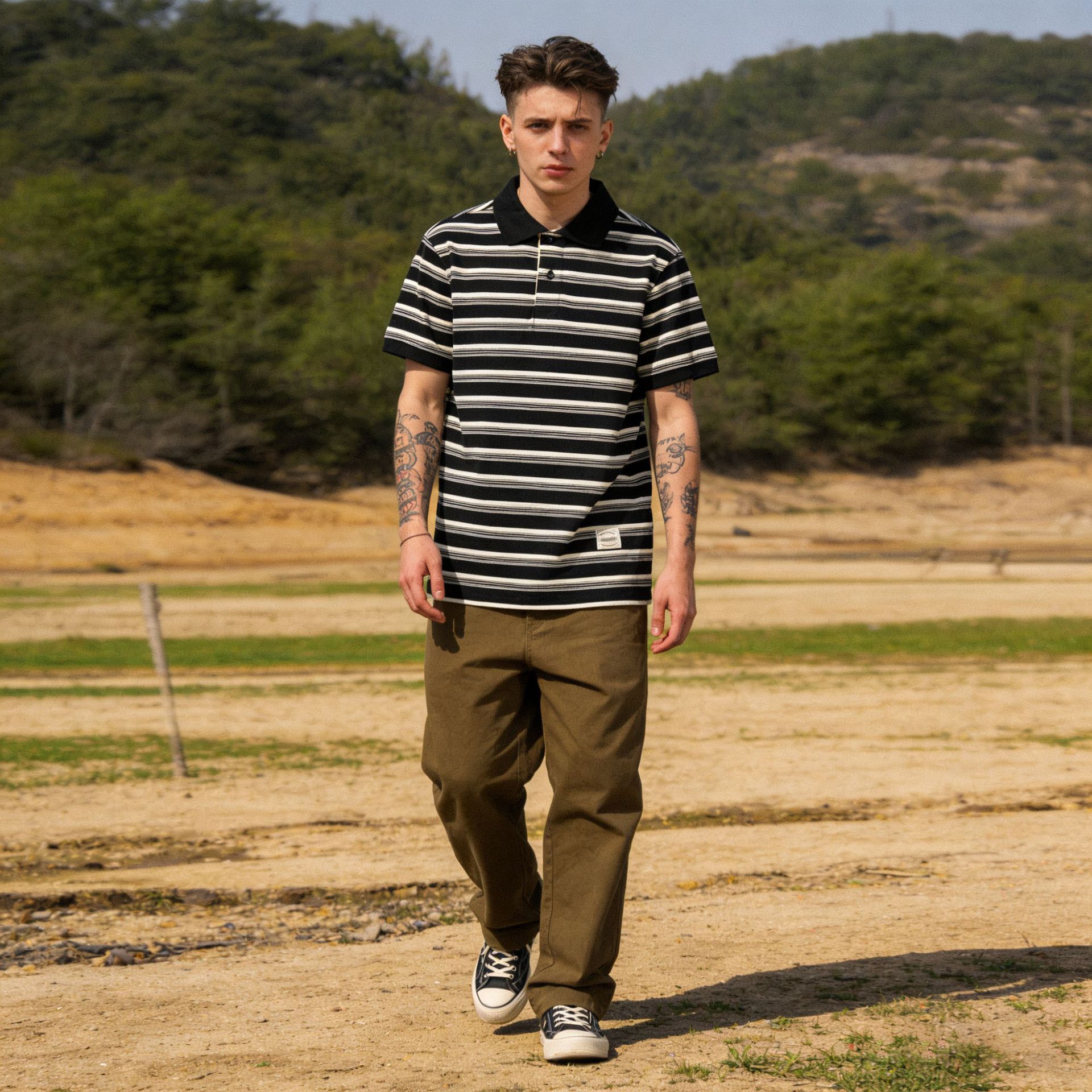 Okonkwo Summer Men's Thick Striped Short Sleeve Polo Shirt 245g Heavy Weight Lapel T-Shirt