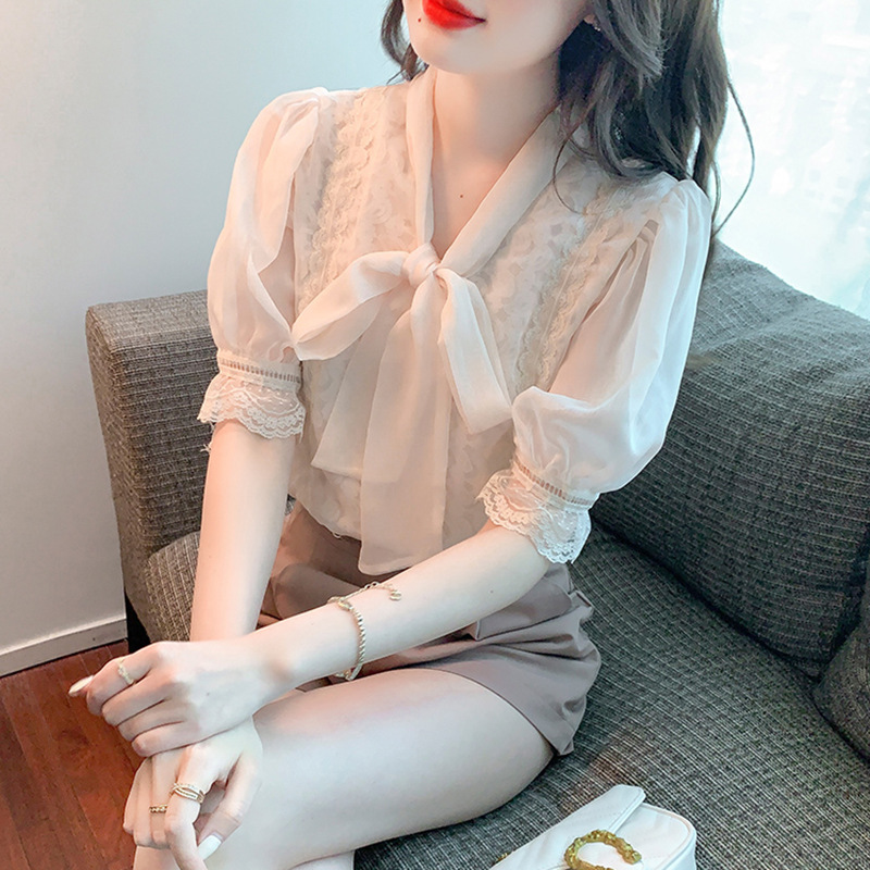 Real shot bow chiffon shirt for women 2024 New French chic lace top long sleeve bottoming shirt shirt