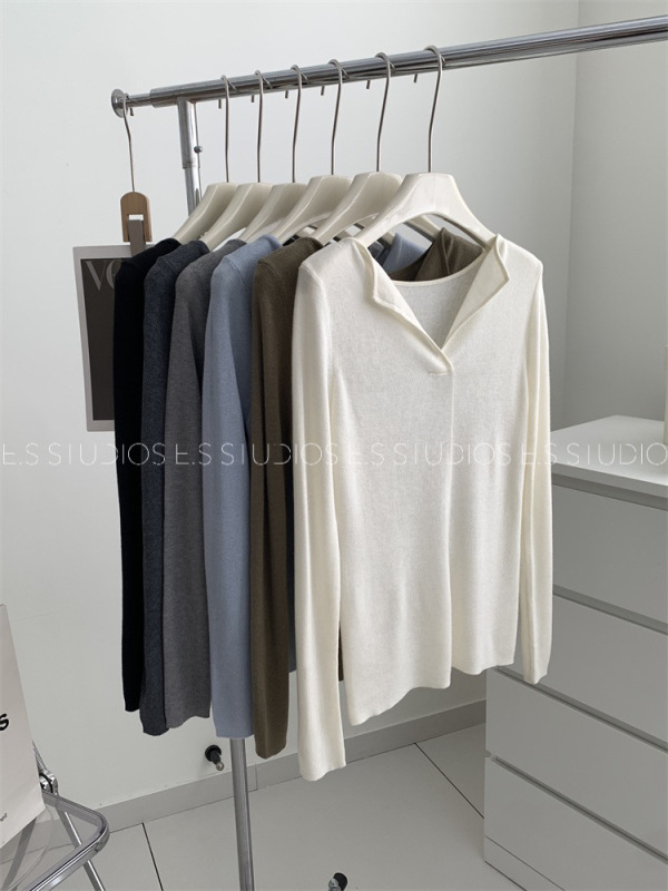 Pure Desire ラペルシルクウールセーター、フェミニンでスリムなVネックボトリングシャツ、秋|undefined