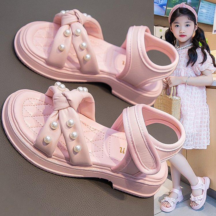 Girls' Summer Sandals With Pearl Accents – Non-Slip Beach Shoes For Toddlers & Kids – Fashionable Princess Style – Black/Pink/Beige_voghion.com