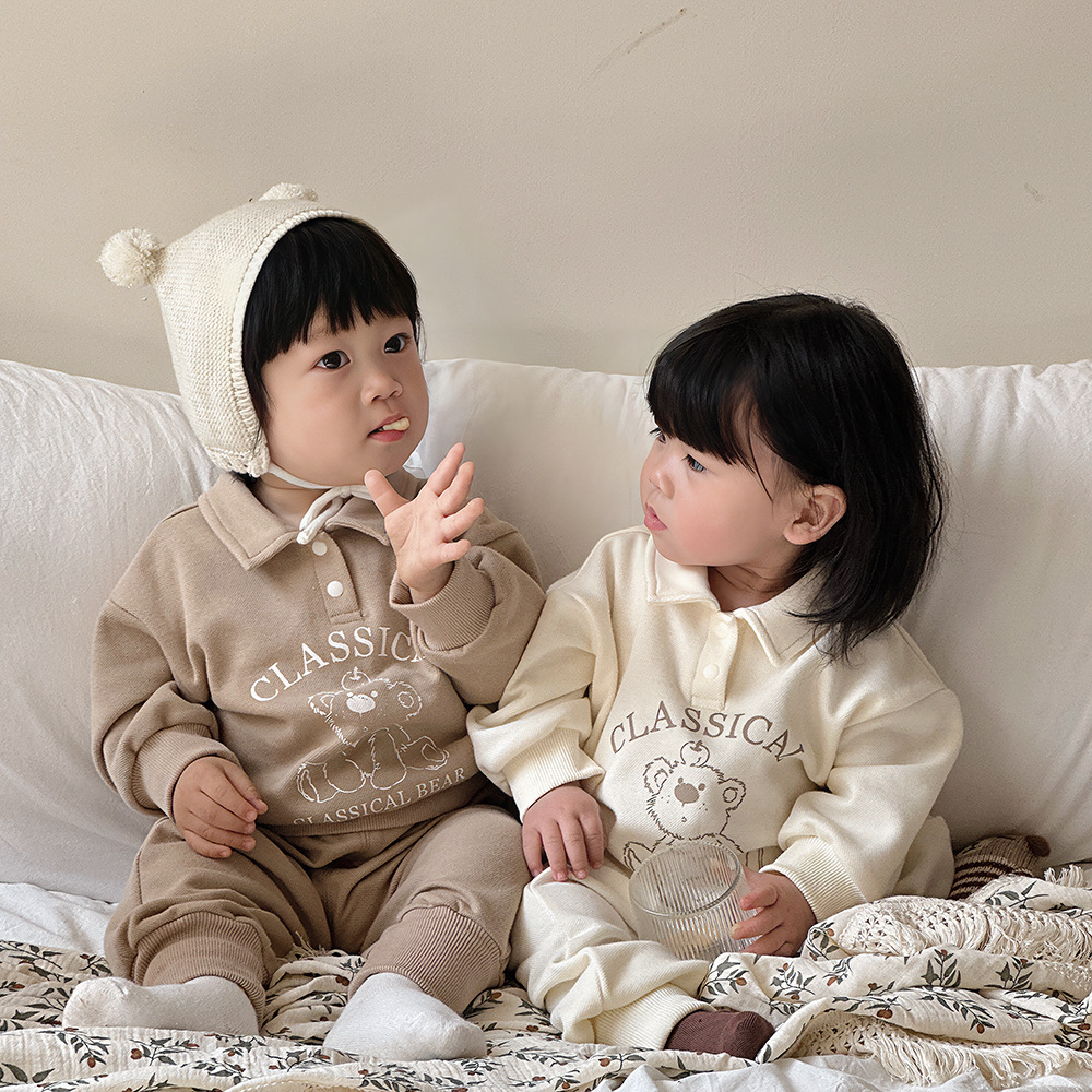24 primavera nueva ropa para niños coreanos, traje de suéter con cuello de polo para niños, traje de hermana y hermano, traje de hermano y hermana, traje de salida de estilo de moda