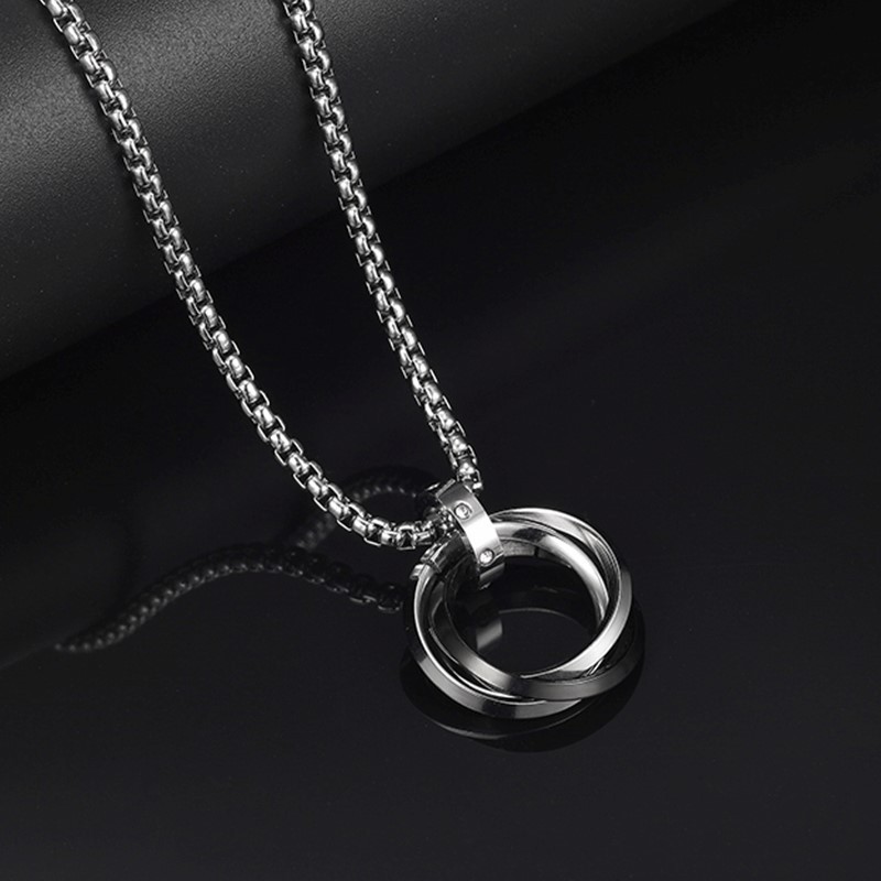 Titanium Steel Triple Ring Necklace With Diamond Pendant_voghion.com